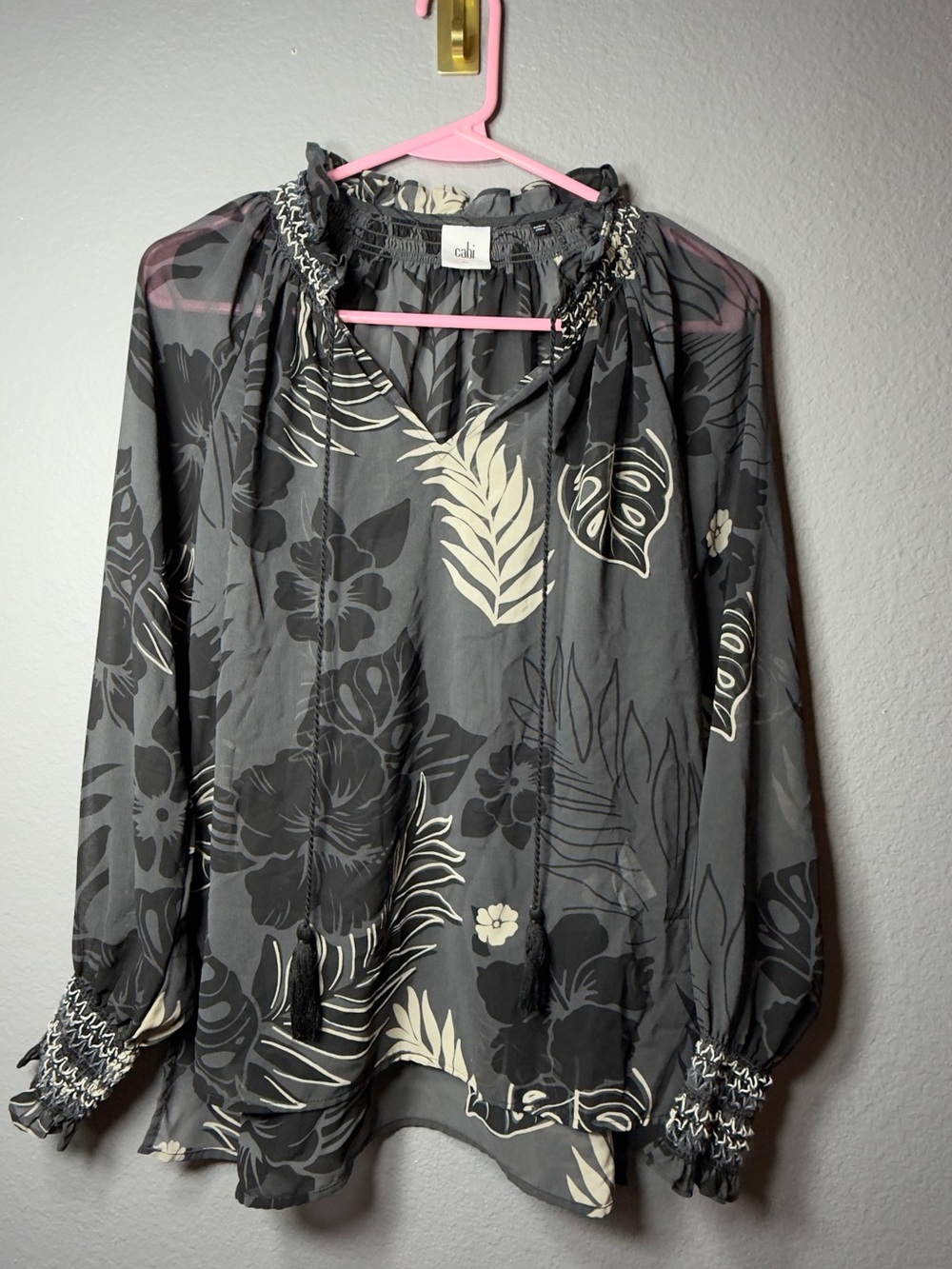 CAbi Black & Cream Botanical Smocked Peasant Top